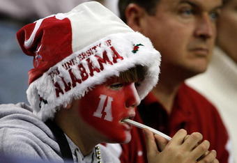 ATLANTA - DECEMBER 06:  A fan of the Alabama Crimson Tide looks on during the SEC Championship against the Florida Gators on December 6, 2008 at the Georgia Dome in Atlanta, Georgia.  (Photo by Kevin C. Cox/Getty Images)