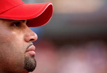 ST LOUIS, MO - JULY 13:  National League All-Star Albert Pujols of the St. Louis Cardinals looks on before the State Farm Home Run Derby at Busch Stadium on July 13, 2009 in St. Louis, Missouri.  (Photo by Jamie Squire/Getty Images)