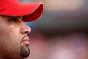 ST LOUIS, MO - JULY 13:  National League All-Star Albert Pujols of the St. Louis Cardinals looks on before the State Farm Home Run Derby at Busch Stadium on July 13, 2009 in St. Louis, Missouri.  (Photo by Jamie Squire/Getty Images)