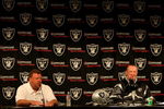 ALAMEDA, CA - SEPTEMBER 30: Oakland Raiders owner Al Davis and Tom Cable speak during a press conference after being named new head coach after the firing of Lane Kiffin of the Oakland Raiders at thier training facility on Septemer 30, 2008 in Alameda, California.  (Photo by Jed Jacobsohn/Getty Images)