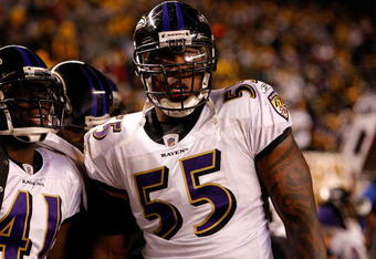 PITTSBURGH - JANUARY 18:  Terrell Suggs #55 of the Baltimore Ravens looks on against the Pittsburgh Steelers during the AFC Championship game on January 18, 2009 at Heinz Field in Pittsburgh, Pennsylvania.  (Photo by Streeter Lecka/Getty Images)