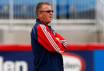 FOXBOROUGH, MA - MAY 3: Coach Steve Nicol of the New England Revolution watches drills before a game against the Houston Dynamo at Gillette Stadium on May 3, 2009 in Foxborough, Massachusetts.  (Photo by Jim Rogash/Getty Images)