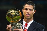 MANCHESTER, UNITED KINGDOM - DECEMBER 10: Cristiano Ronaldo of Manchester United receives the Ballon d'or after being voted the European Footballer of the Year before the UEFA Champions League Group E match between Manchester United and Aalborg at Old Trafford on December 10, 2008 in Manchester, England. (Photo by Alex Livesey/Getty Images)