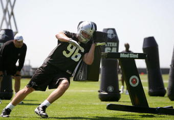 ALAMEDA, CA - MAY 08:  Stryker Sulak #96 of the Oakland Raiders runs drills during the Raiders minicamp at the team's permanent training facility on May 8, 2009 in Alameda, California.  (Photo by Ezra Shaw/Getty Images)