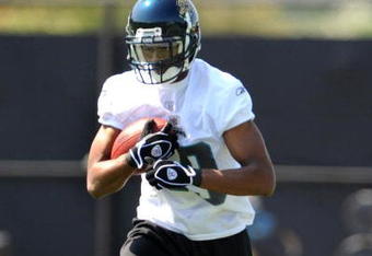 JACKSONVILLE, FL - MAY 1:  Wide receiver Tiquan Underwood #19 of the Jacksonville Jaguars runs with a pass May 1, 2009 at a team minicamp near Jacksonville Municipal Stadium in Jacksonville, Florida.  (Photo by Al Messerschmidt/Getty Images)