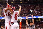 NEW ORLEANS - JANUARY 02:  Wide receiver Bradon Godfrey #81 of the Utah Utes celebrates with teammate Freddie Brown #88 after Godfrey caught an 18-yard touchdown in the first quarter against the Alabama Crimson Tide during the 75th Allstate Sugar Bowl at the Louisiana Superdome on January 2, 2009 in New Orleans, Louisiana.  (Photo by Chris Graythen/Getty Images)