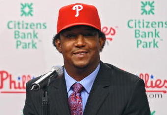 PHILADELPHIA - July 15: Pedro Martinez of the Philadelphia Phillies gets interviewed by the media on July 15, 2009 at Citizens Bank Park in Philadelphia, Pennsylvania. (Photo by Drew Hallowell/Getty Images)