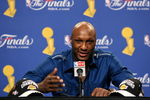 LOS ANGELES, CA - JUNE 07:  Lamar Odom #7 of the Los Angeles Lakers answers questions during the post game news conference after defeating the Orlando Magic 101-96 in Game Two of the 2009 NBA Finals at Staples Center on June 7, 2009 in Los Angeles, California. NOTE TO USER: User expressly acknowledges and agrees that, by downloading and or using this photograph, User is consenting to the terms and conditions of the Getty Images License Agreement.  (Photo by Jeff Golden/Getty Images)