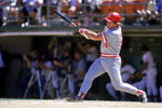 SAN DIEGO, CA - 1986:  Pete Rose #14 of the Cincinnati Reds swings at a pitch during a game against the San Diego Padres at Jack Murphy Stadium in the 1986 MLB season in San Diego, California.  (Photo by Stephen Dunn/Getty Images)   