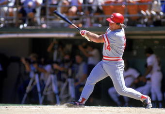 SAN DIEGO, CA - 1986:  Pete Rose #14 of the Cincinnati Reds swings at a pitch during a game against the San Diego Padres at Jack Murphy Stadium in the 1986 MLB season in San Diego, California.  (Photo by Stephen Dunn/Getty Images)   