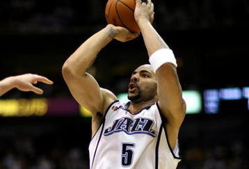 SALT LAKE CITY - APRIL 25:  Carlos Boozer #5 of the Utah Jazz shoots in Game Four of the Western Conference Quarterfinals against the Los Angeles Lakers during the 2009 NBA Playoffs at Energy Solutions Arena on April 25, 2009 in Salt Lake City, Utah.  The Lakers won 108-94.  NOTE TO USER: User expressly acknowledges and agrees that, by downloading and/or using this Photograph, user is consenting to the terms and conditions of the Getty Images License Agreement.  (Photo by Otto Greule Jr/Getty Images)  