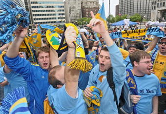 PHILADELPHIA - MAY 11: Fans cheer as the Philadelphia Union soccer team of the MLS release their name, colors and logo at a press conference on May 11, 2009 at City Hall in Philadelphia, Pennsylvania. (Photo by Drew Hallowell/Getty Images for Philadelphia Union)