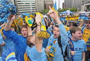 PHILADELPHIA - MAY 11: Fans cheer as the Philadelphia Union soccer team of the MLS release their name, colors and logo at a press conference on May 11, 2009 at City Hall in Philadelphia, Pennsylvania. (Photo by Drew Hallowell/Getty Images for Philadelphia Union)