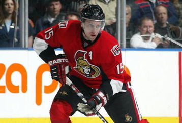 TORONTO - APRIL 11:  Dany Heatley #15 of the Ottawa Senators skates with the puck in a game against the Toronto Maple Leafs on April 11, 2009 at the Air Canada Centre in Toronto, Ontario. The Leafs defeated the Senators on the strength of a 3 goal performance by Boyd Devereaux #22. (Photo by Claus Andersen/Getty Images) 