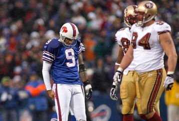 ORCHARD PARK, NY - NOVEMBER 30:  Rian Lindell #9  of the Buffalo Bills reacts after missing a 40 yard field goal in the fourth quarter against the San Francisco 49ers  on November 30, 2008 at Ralph Wilson Stadium in Orchard Park, New York. The 49ers won10-3. (Photo by Rick Stewart/Getty Images)