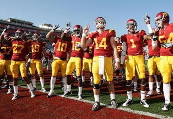 PASADENA, CA - JANUARY 01:  The USC Trojans run cheer on the field before the 95th Rose Bowl Game presented by Citi against the Penn State Nittany Lions at the Rose Bowl on January 1, 2009 in Pasadena, California. The Trojans defeated the Nittany Lions 38-24.  (Photo by Christian Petersen/Getty Images)