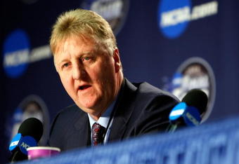 DETROIT - APRIL 06:  Larry Bird answers questions with Earvin 'Magic' Johnson (not pictured) during a news conference to relive their 1979 NCAA Championship Game between Indiana State and Michigan State before the 2009 NCAA Division I Men's Basketball National Championship game at Ford Field on April 6, 2009 in Detroit, Michigan.  (Photo by Gregory Shamus/Getty Images)
