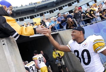 CHARLOTTE, NC - DECEMBER 17:   Cedrick Wilson #80 of the Pittsburgh Steelers high-fives a fan after a game against the Carolina Panthers  December 17, 2006 at Bank of America Stadium in Charlotte, North Carolina. Pittsburgh defeated Carolina 37-3.  (Photo By Grant Halverson/Getty Images)