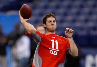 INDIANAPOLIS, IN - FEBRUARY 22:  Quarterback Graham Harrell of Texas Tech passes the football during the NFL Scouting Combine at Lucas Oil Stadium on February 22, 2009 in Indianapolis, Indiana. (Photo by Scott Boehm/Getty Images)