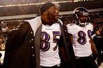 PITTSBURGH - JANUARY 18:  (L-R) Derrick Mason #85 and Mark Clayton #89 of the Baltimore Ravens stand on the field dejected after their 23-14 loss against the Pittsburgh Steelers during the AFC Championship game on January 18, 2009 at Heinz Field in Pittsburgh, Pennsylvania.  (Photo by Streeter Lecka/Getty Images)