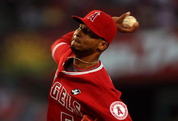 ANAHEIM, CA - JULY 8:  Pitcher Ervin Santana #54 of the Los Angeles Angels of Anaheim throws a pitch against the Texas Rangers at Angel Stadium July 8, 2009 in Anaheim, California.  (Photo by Stephen Dunn/Getty Images)