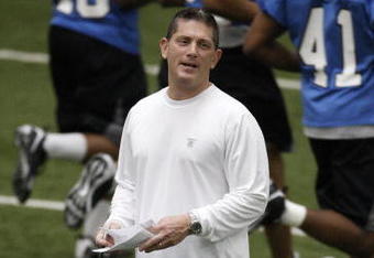 ALLEN PARK, MI - MAY 01:  Head coach Jim Schwartz of the Detroit Lions looks on during rookie orientation camp at the Detroit Lions Headquarters and Training Facility on May 1, 2009 in Allen Park, Michigan.  (Photo by Gregory Shamus/Getty Images)