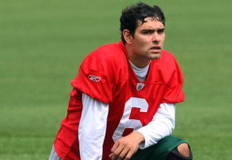 FLORHAM PARK, NJ - MAY 02:  Quarterback Mark Sanchez #6 of the New York Jets looks on during minicamp on May 2, 2009 at the Atlantic Health Jets Training Center in Florham Park, New Jersey.  (Photo by Jim McIsaac/Getty Images)