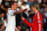 LONDON, ENGLAND - APRIL 04:  Fernando Torres of Liverpool and Brede Hangeland of Fulham exchange words during the Barclays Premier League match between Fulham and Liverpool at Craven Cottage on April 4, 2009 in London, England.  (Photo by Ryan Pierse/Getty Images)