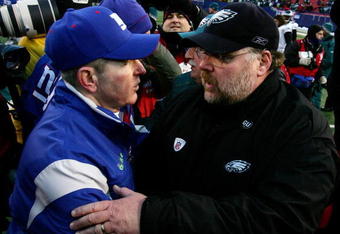 EAST RUTHERFORD, NJ - JANUARY 11:  Head coach Tom Coughlin #10 of the New York Giants shakes hands with head coach Andy Reid of the Philadelphia Eagles after the NFC Divisional Playoff Game on January 11, 2009 at Giants Stadium in East Rutherford, New Jersey.  (Photo by Al Bello/Getty Images)