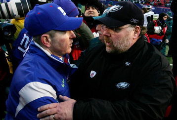 EAST RUTHERFORD, NJ - JANUARY 11:  Head coach Tom Coughlin #10 of the New York Giants shakes hands with head coach Andy Reid of the Philadelphia Eagles after the NFC Divisional Playoff Game on January 11, 2009 at Giants Stadium in East Rutherford, New Jersey.  (Photo by Al Bello/Getty Images)