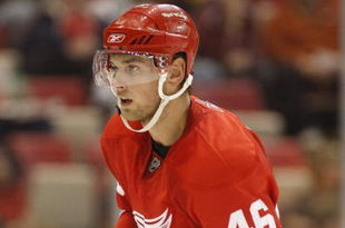 DETROIT - SEPTEMBER 26:  Jakub Kindl #46 of the Detroit Red Wings skates in a pre-season game against the Boston Bruins on September 26, 2008 at the Joe Louis Arena in Detroit, Michigan. The Bruins defeated the Red Wings 2-1. (Photo by Claus Andersen/Getty Images)