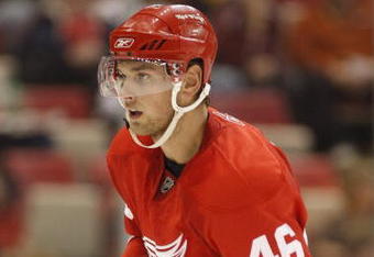 DETROIT - SEPTEMBER 26:  Jakub Kindl #46 of the Detroit Red Wings skates in a pre-season game against the Boston Bruins on September 26, 2008 at the Joe Louis Arena in Detroit, Michigan. The Bruins defeated the Red Wings 2-1. (Photo by Claus Andersen/Getty Images)