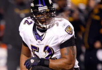 PITTSBURGH - JANUARY 18:  Ray Lewis #52 of the Baltimore Ravens kneels over Ben Roethlisberger #7 of the Pittsburgh Steelers as Roethlisberger grimaces after he was hit by Lewis during the AFC Championship game on January 18, 2009 at Heinz Field in Pittsburgh, Pennsylvania.  (Photo by Streeter Lecka/Getty Images)