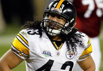 TAMPA, FL - FEBRUARY 01:  Safety Troy Polamalu #43 of the Pittsburgh Steelers looks on against the Arizona Cardinals during Super Bowl XLIII on February 1, 2009 at Raymond James Stadium in Tampa, Florida.  (Photo by Kevin C. Cox/Getty Images)