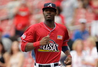 ST. LOUIS, MO - JULY 12: U.S. Futures All-Star Jason Heyward of the Atlanta Braves runs onto the field during the 2009 XM All-Star Futures Game at Busch Stadium on July 12, 2009 in St. Louis, Missouri. (Photo by Jamie Squire/Getty Images)
