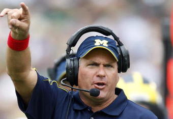 SOUTH BEND, IN - SEPTEMBER 13: Head coach Rich Rodriguez of the Michigan Wolverines yells from the sideline in the first quarter while playing the Notre Dame Fighting Irishon September 13, 2008 at Notre Dame Stadium in South Bend, Indiana. Notre Dame won the game 35-17. (Photo by Gregory Shamus/Getty Images)