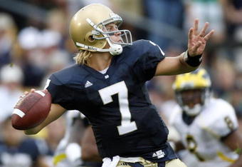SOUTH BEND, IN - SEPTEMBER 13:  Jimmy Clausen #7 of the Notre Dame Fighting Irish throws a first quarter pass while playing the Michigan Wolverines on September 13, 2008 at Notre Dame Stadium in South Bend, Indiana. Notre Dame won the game 35-17.  (Photo by Gregory Shamus/Getty Images)