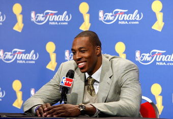 ORLANDO, FL - JUNE 14:  Dwight Howard #12 of the Orlando Magic speaks to the media after the Magic lost to the Los Angeles Lakers in Game Five of the 2009 NBA Finals on June 14, 2009 at Amway Arena in Orlando, Florida.  The Lakers won 99-86.  NOTE TO USER:  User expressly acknowledges and agrees that, by downloading and or using this photograph, User is consenting to the terms and conditions of the Getty Images License Agreement.  (Photo by Chris Graythen/Getty Images)