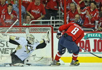 WASHINGTON - MAY 13:  Alex Ovechkin #8 of the Washington Capitals is stopped by Marc-Andre Fleury #29 of the Pittsburgh Penguins during first period action in Game Seven of the Eastern Conference Semifinal  Round of the 2009 Stanley Cup Playoffs at Verizon Center on May 13, 2009 in Washington, DC.The Penguins defeated the Capitals 6-2 to move into the semifinals.  (Photo by Bruce Bennett/Getty Images)