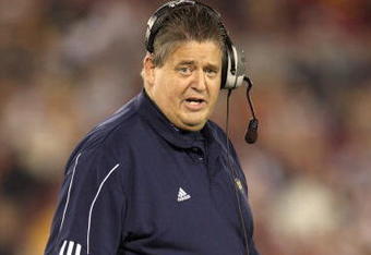 LOS ANGELES - NOVEMBER 29:  Head coach Charlie Weis of the Notre Dame Fighting Irish walks on the sidelines during the game against the USC Trojans at the Memorial Coliseum on November 29, 2008 in Los Angeles, California. (Photo by: Jeff Gross/Getty Images)