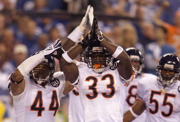 INDIANAPOLIS - SEPTEMBER 07:  Kevin Payne #44 and Charles Tillman #33 of the Chicago Bears signal for a safety during the NFL game against the Indianapolis Colts at Lucas Oil Stadium on September 7, 2008 in Indianapolis, Indiana.  The Bears defeated the Colts 29-13. (Photo by Andy Lyons/Getty Images)