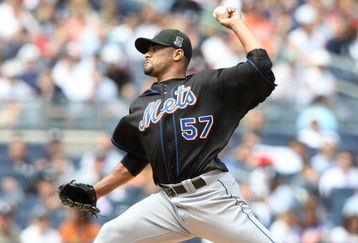 NEW YORK - JUNE 14:  Johan Santana #57 of the New York Mets pitches against the New York Yankees on June 14, 2009 at Yankee Stadium in the Bronx borough of New York City.  (Photo by Nick Laham/Getty Images)