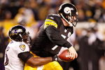 PITTSBURGH - JANUARY 18:  Quarterback Ben Roethlisberger #7 of the Pittsburgh Steelers is sacked by linebacker Terrell Suggs #55 of the Baltimore Ravens during the third quarter of the AFC championship game on January 18, 2009 at Heinz Field in Pittsburgh, Pennsylvania.  (Photo by Gregory Shamus/Getty Images)