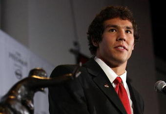 NEW YORK - DECEMBER 13:  Sam Bradford of the Oklahoma Sooners talks with the media at a press conference after winning the Heisman Trophy on December 13, 2008 at the Sports Museum of America in New York City.  (Photo by Nick Laham/Getty Images)