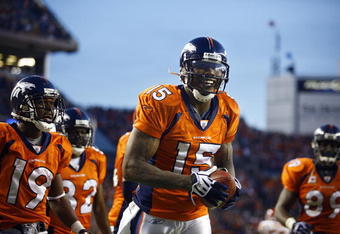 DENVER - DECEMBER 7: Wide reiver Brandon Marshall #15 of the Denver Broncos was all smiles after catching the game winning touchdown against the Kansas City Chiefs during the fourth quarter of week 14 NFL action at Invesco Field at Mile High on December 7, 2008 in Denver, Colorado. Denver beat Kansas City 24-17.(Photo by Marc Piscotty/Getty Images)
