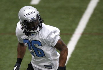 ALLEN PARK, MI - MAY 01:  Louis Delmas #26 of the Detroit Lions looks for a pass during rookie orientation camp at the Detroit Lions Headquarters and Training Facility on May 1, 2009 in Allen Park, Michigan.  (Photo by Gregory Shamus/Getty Images)