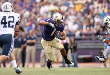 SEATTLE - SEPTEMBER 6:  Chris Polk #1 of the Washington Huskies runs with the ball against the BYU Cougars during the game on September 6, 2008 at Husky Stadium in Seattle, Washington. The Cougars defeated the Huskies 28-27. (Photo by Otto Greule Jr/Getty Images)