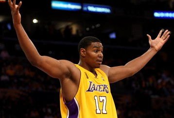 LOS ANGELES, CA - JUNE 04:  Andrew Bynum #17 of the Los Angeles Lakers reacts to a call against the Orlando Magic in Game One of the 2009 NBA Finals at Staples Center on June 4, 2009 in Los Angeles, California. NOTE TO USER: User expressly acknowledges and agrees that, by downloading and or using this photograph, User is consenting to the terms and conditions of the Getty Images License Agreement.  (Photo by Jed Jacobsohn/Getty Images)