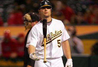 OAKLAND, CA - MAY 04:  Matt Holliday #5 of the Oakland Athletics tosses his bat in the air after he struck out in the eighth inning of their game against the Los Angeles Angels of Anaheim on May 4, 2009 at the Oakland Coliseum in Oakland, California.  (Photo by Ezra Shaw/Getty Images)
