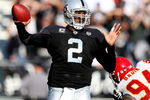 OAKLAND, CA - NOVEMBER 30: JaMarcus Russell #2 of the Oakland Raiders passes against the Kansas City Chiefs during an NFL game on November 30, 2008 at the Oakland-Alameda County Coliseum in Oakland, California. (Photo by Jed Jacobsohn/Getty Images)